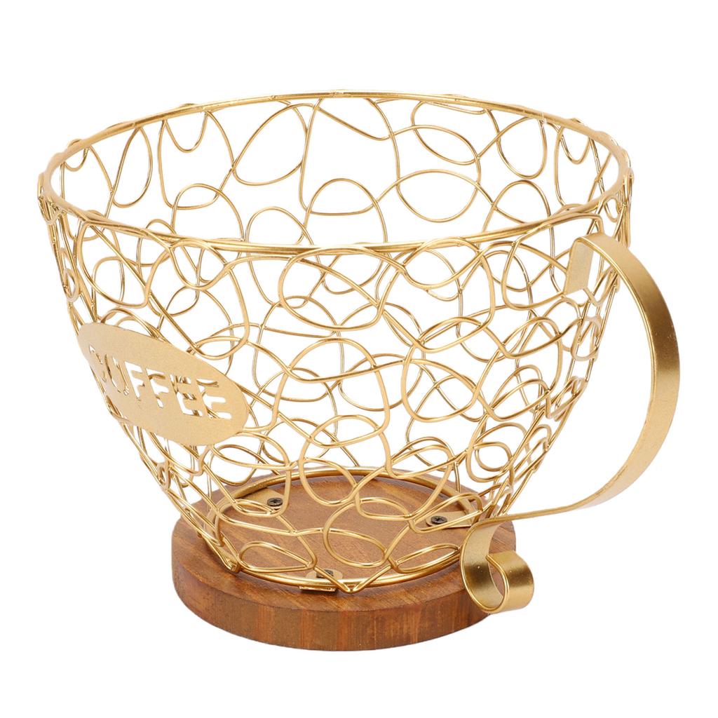 Coffee Pod Holder   Metal Coffee Capsule Storage Basket with Wood Base for Kitchen Countertop