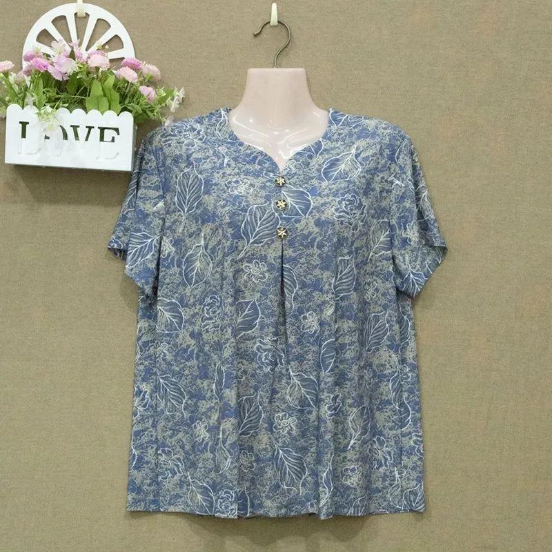 Женский топ большого размера с коротким рукавом Летний свежий бабушкин цветочный с круглым вырезом L синий