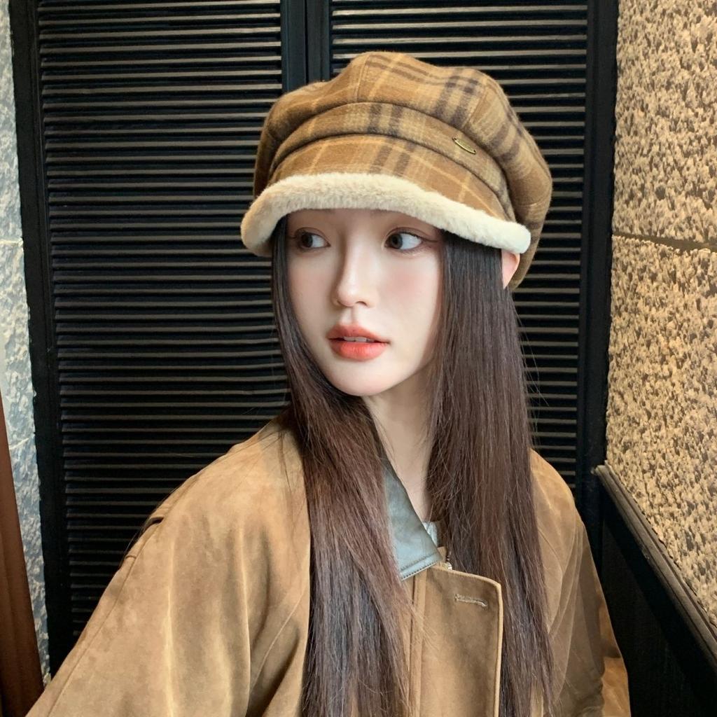 Autumn and Winter Retro Beret Plaid Plush Warm Plush Versatile Thickened Octagonal Hat Duck Tongue Painter Hat
