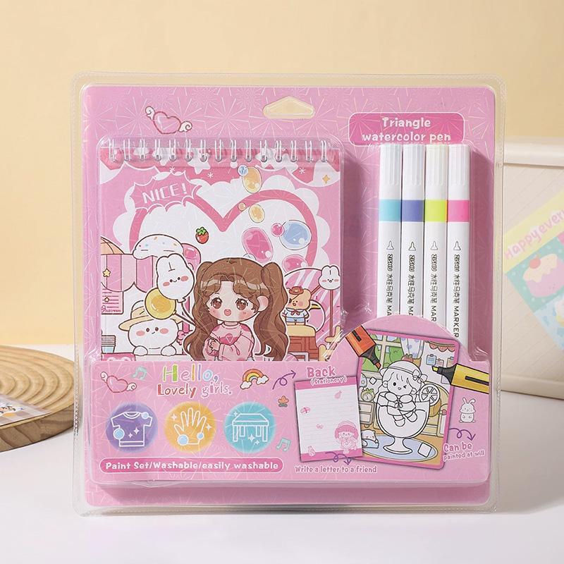 Sanrio Hello Kitty Melody Kuromi Painting Notebook Four Color Watercolor Pen Cartoon Graffiti Coloring Watercolor Painting Gift