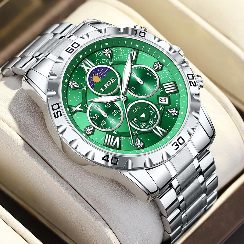 

New Women Watch Fashion Elegant Round Stainless Steel Diamond Watch For Women Waterproof Luminous Sports Quartz Chronograph срібні зелений колір