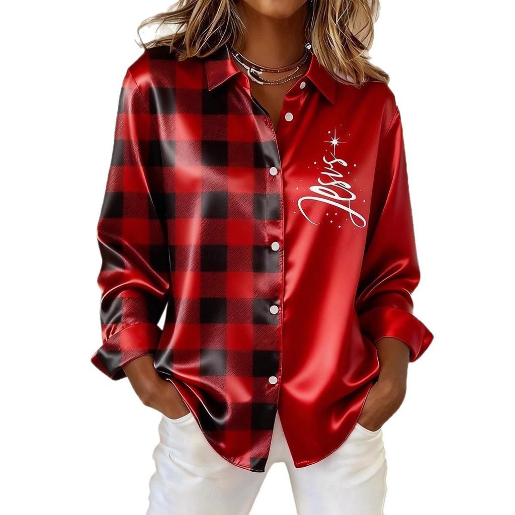 Christmas printed long-sleeved shirt blouse spring new casual loose plus size lapel shirt WG18