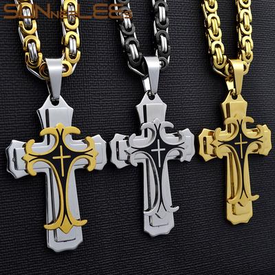 Edelstahl Jesus Christus Kreuz Anhänger Halskette Byzantinische Link Kette Silber Farbe Vergoldet Männer Junge Geschenk Sp208