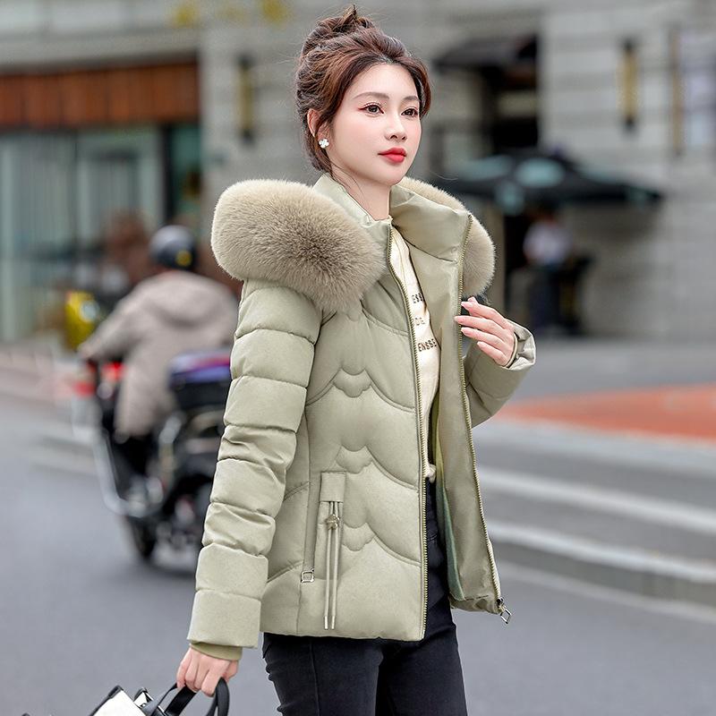 Damen Kurze Kapuzen-Winddichte Dicke Warme Winterjacke mit Großem Fellkragen