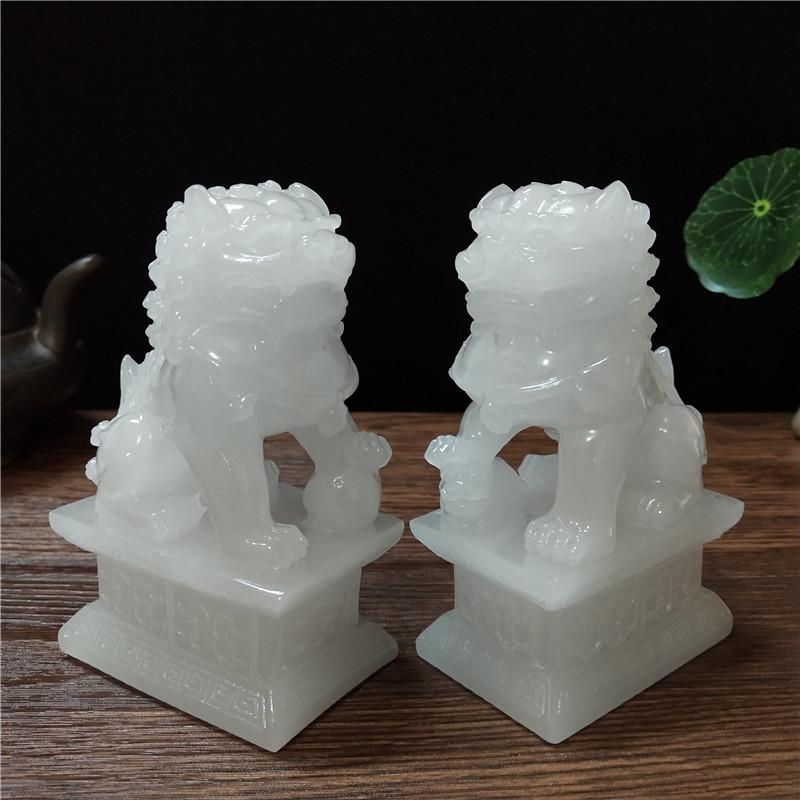 2Pcs Gold Fu Foo Dogs Lions Statues Feng Shui Man-made Jade Stone Buddha Dragon Sculpture Figurines Statue Home Decoration
