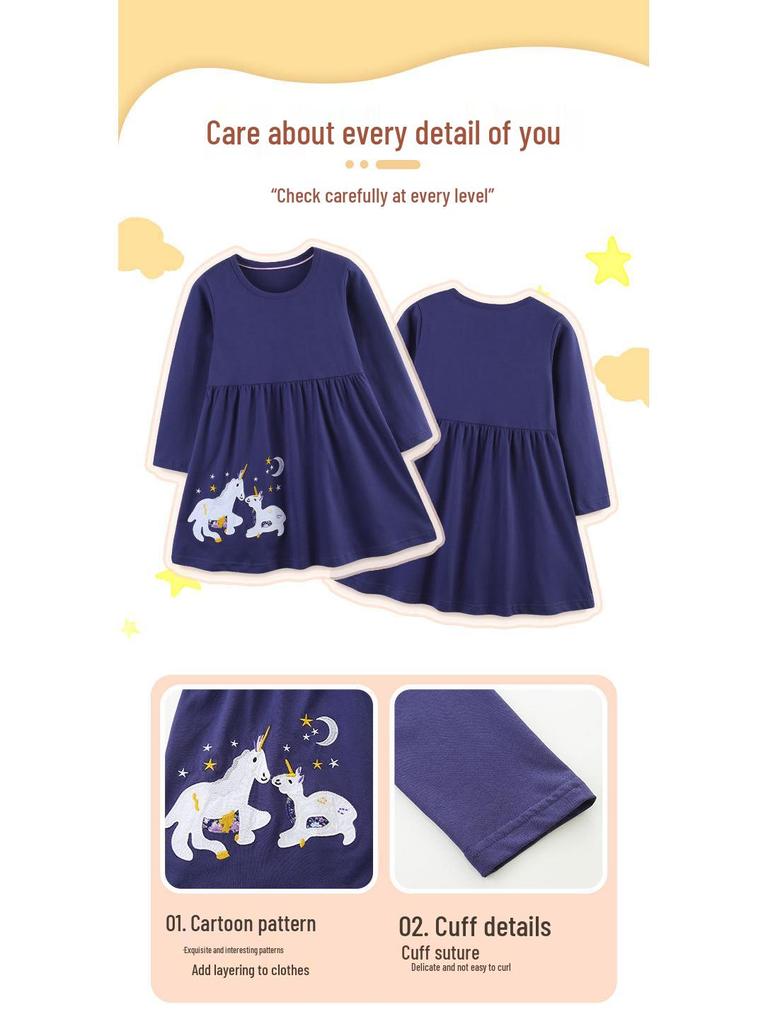 Autumn Unicorn Embroidery Princess Dress - European & American Style, Knitted Cotton for Girls
