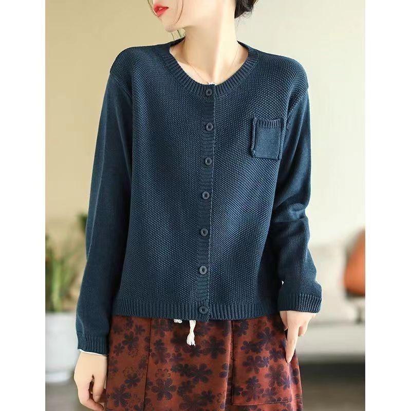 Women's Retro Knit Cotton Cardigan: Round Neck, Long Sleeve, Autumn Casual Short Sweater.