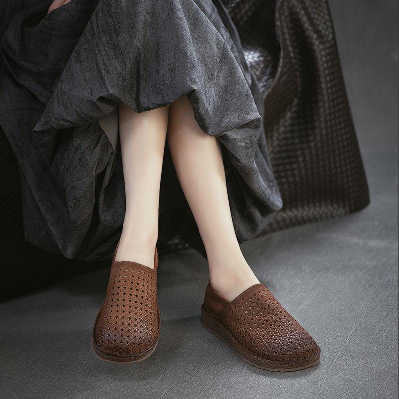 2026 Spring New Hollow Out Ventilated Slip On Soft Sole First Layer Cowhide Women Shoes