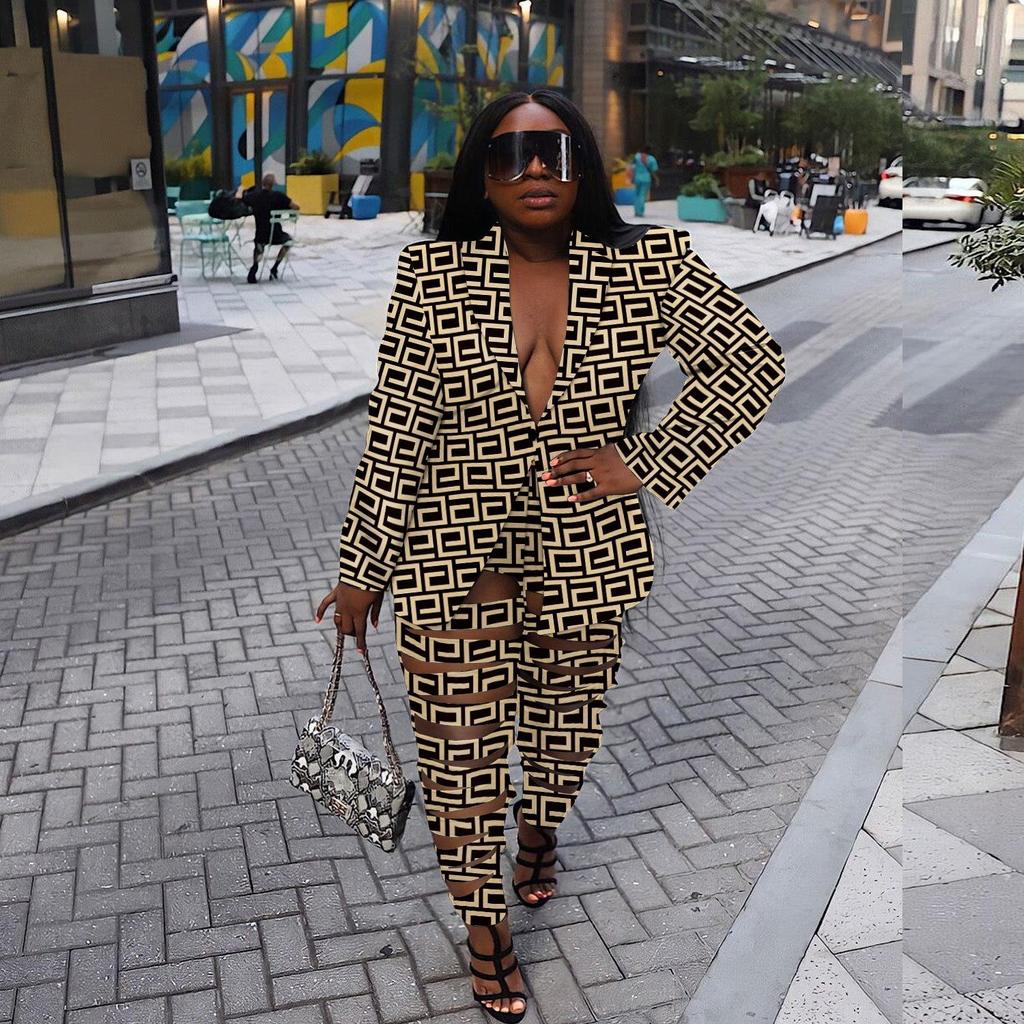 European & American Slim Fit Sexy Print Cardigan Two-Piece Nightclub Set