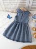 Single-piece Girls' Casual Everyday Cute Simple Versatile Denim Dress with Large Lapel Bow Embroidery, Sleeveless Peter Pan Collar