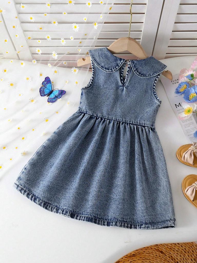 Single-piece Girls' Casual Everyday Cute Simple Versatile Denim Dress with Large Lapel Bow Embroidery, Sleeveless Peter Pan Collar