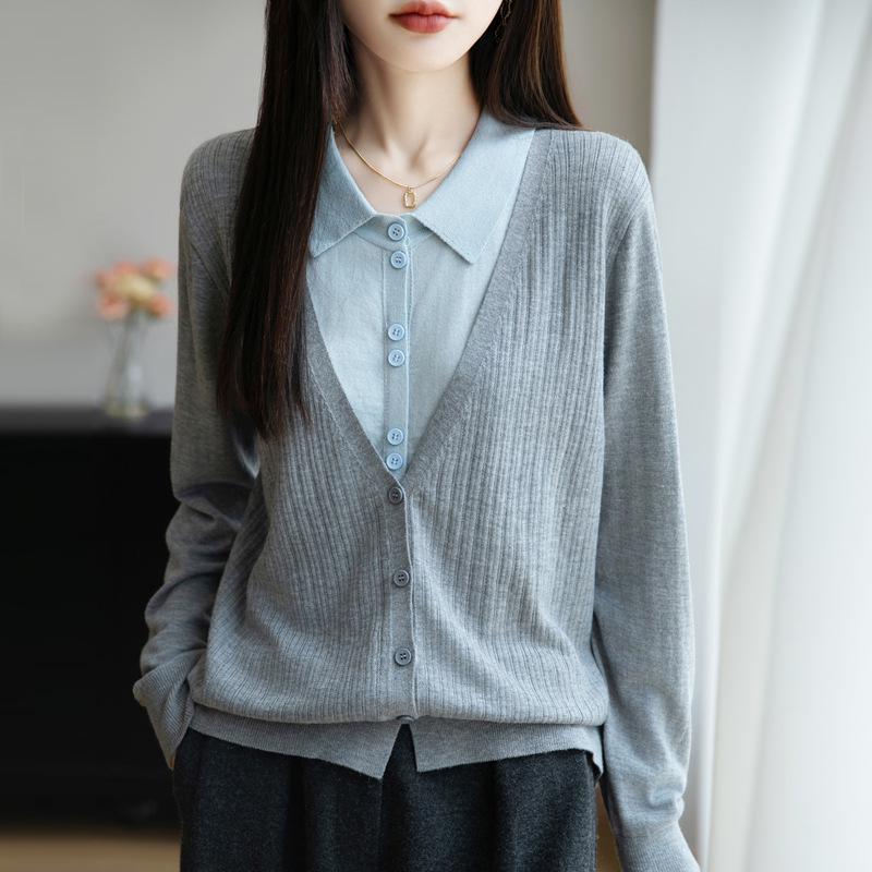 2025 A/W Women’s Loose Knit Cardigan – Polo Collar, Layered Look, Long Sleeve Outerwear
