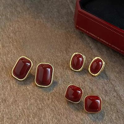 Vintage Enamel Stud Earrings for Women - Wine Red Geometric Square Metal Earrings, Hypoallergenic Wedding & Party Jewelry Gift