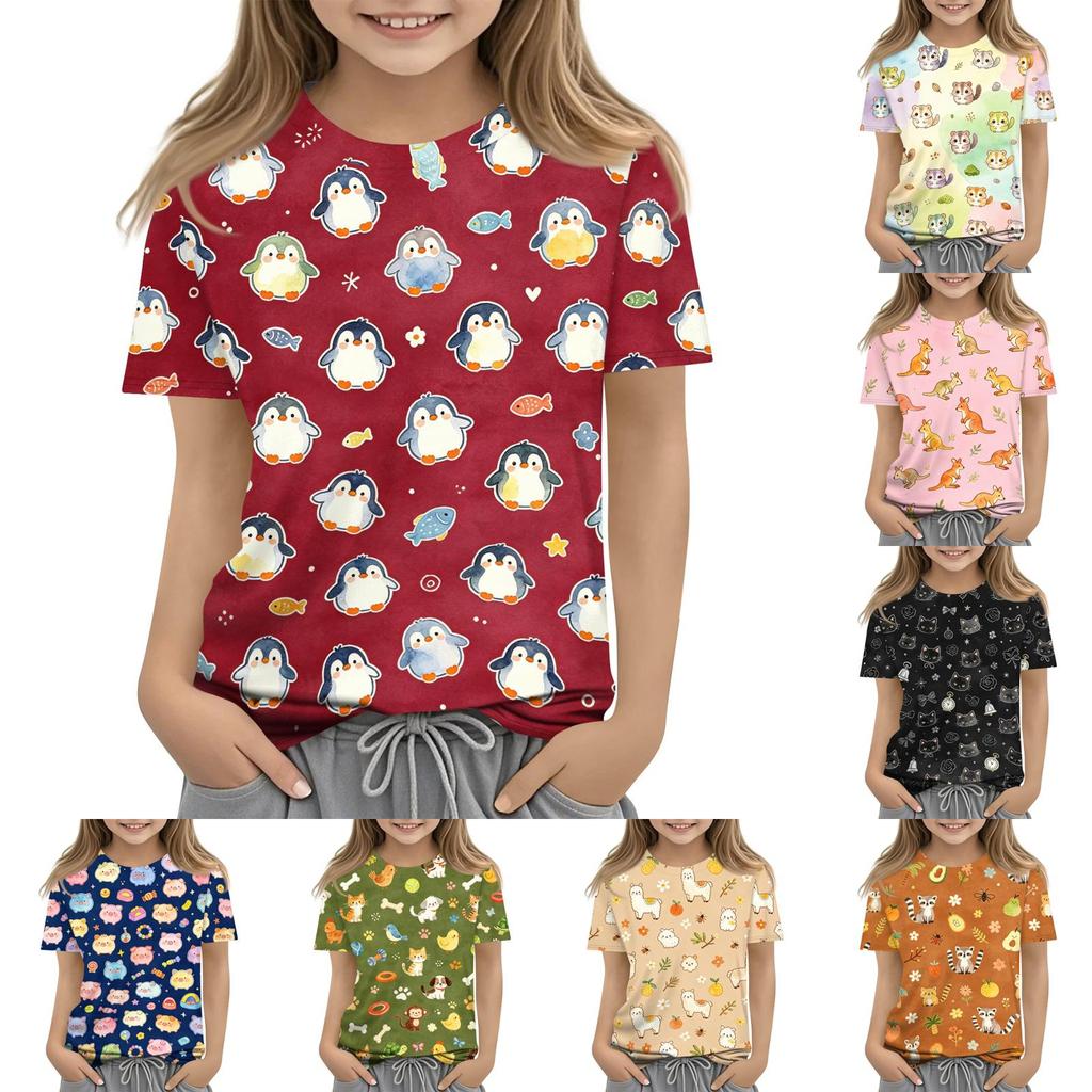 Kids Animal Print Crew Neck Short Sleeve Casual Loose Fit T Shirt Lightweight Soft Fabric Comfortable Everyday Wear