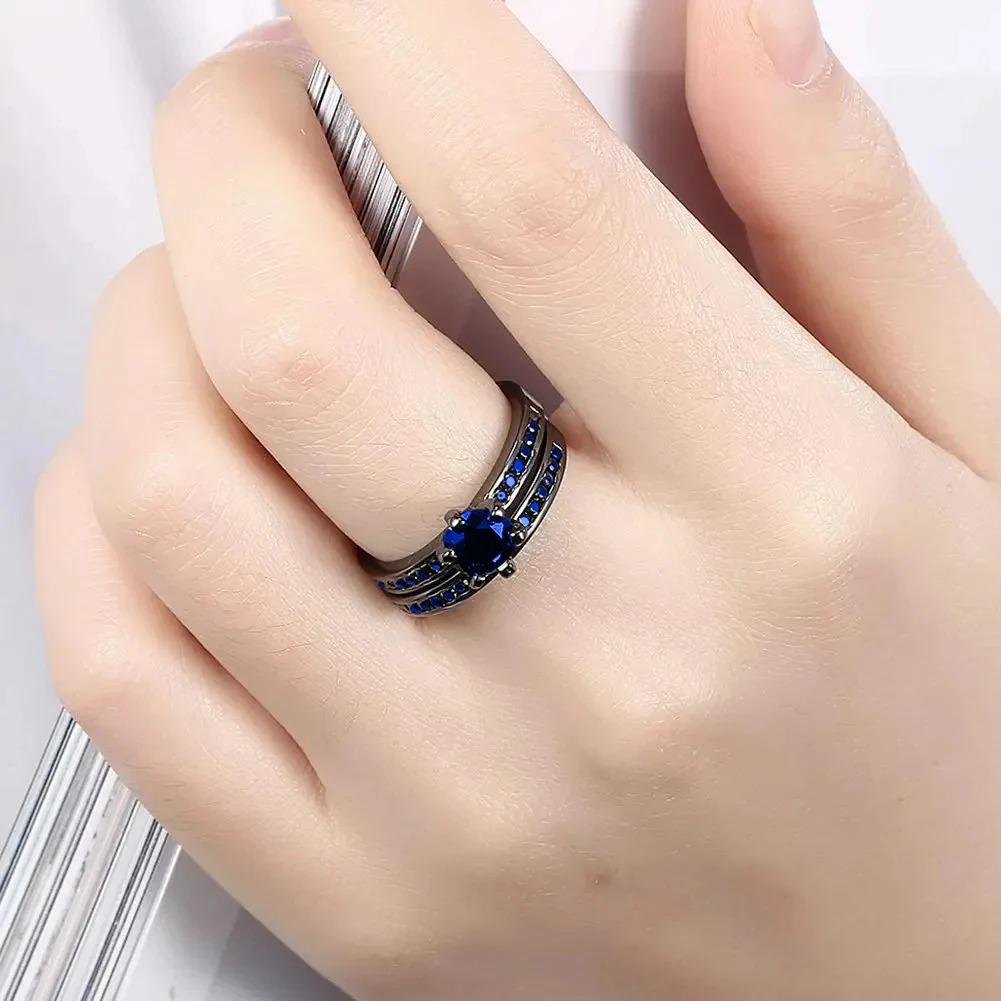 Fashion Couple Rings Romantic Blue Rhinestones CZ Women Rings Set Trendy Men Stainless Steel Zirconia Ring Wedding Band Jewelry