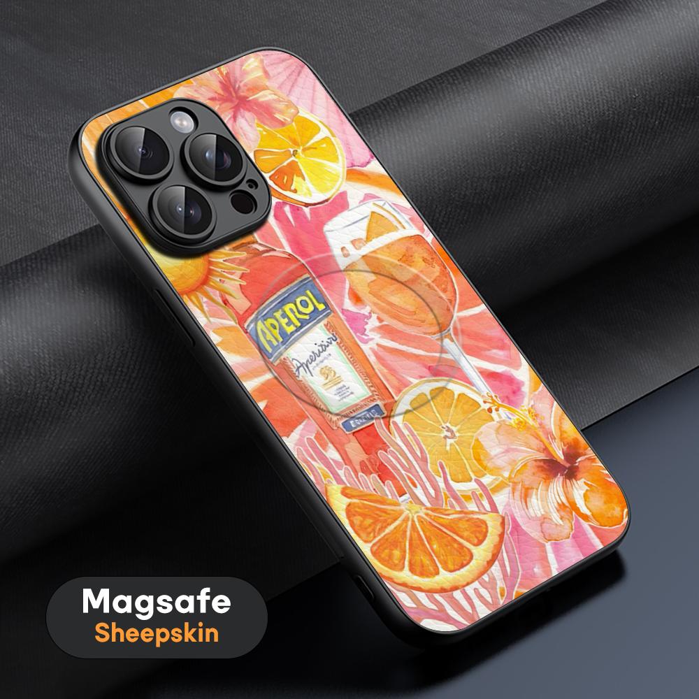 Custodia Arancione per Telefono Cocktail Aperol Spritz Per iPhone 16 15 14 13 12 11 Plus Pro Max Lusso di Alta Gamma Magsafe Pelle di Pecora