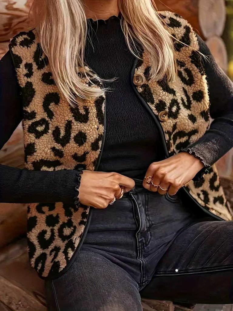 Autumn Winter Leopard Print Faux Fur Vest Women's Sleeveless Casual Coat