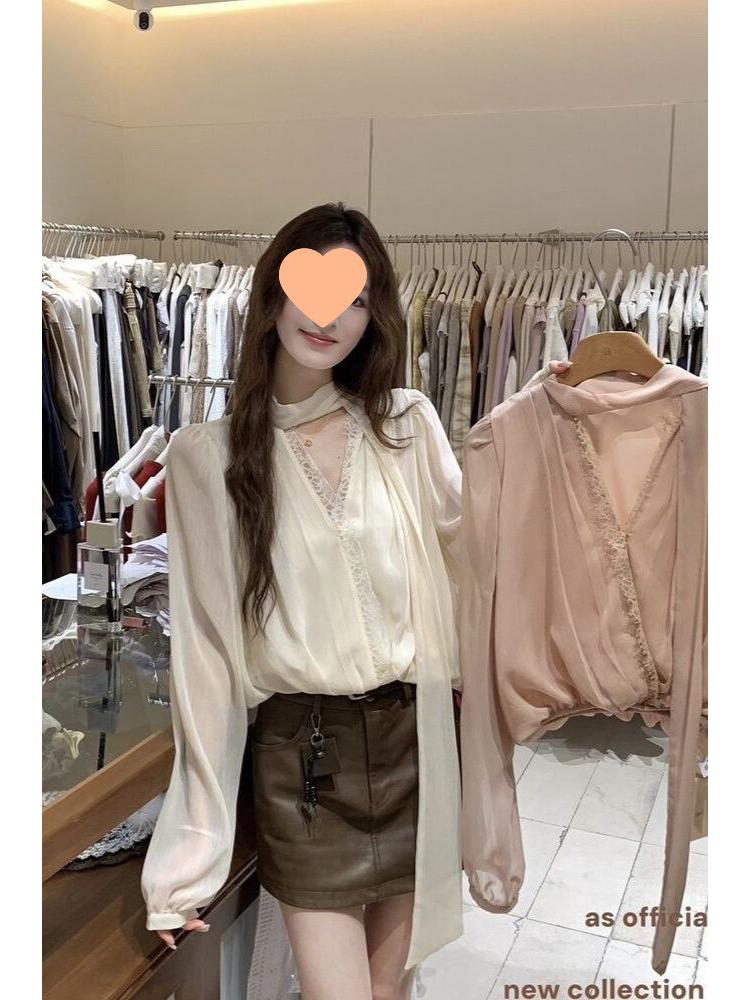 Elegantes Patchwork-Spitzenhemd mit V-Ausschnitt und langen Ärmeln für Damen – Herbst 2025 Mode
