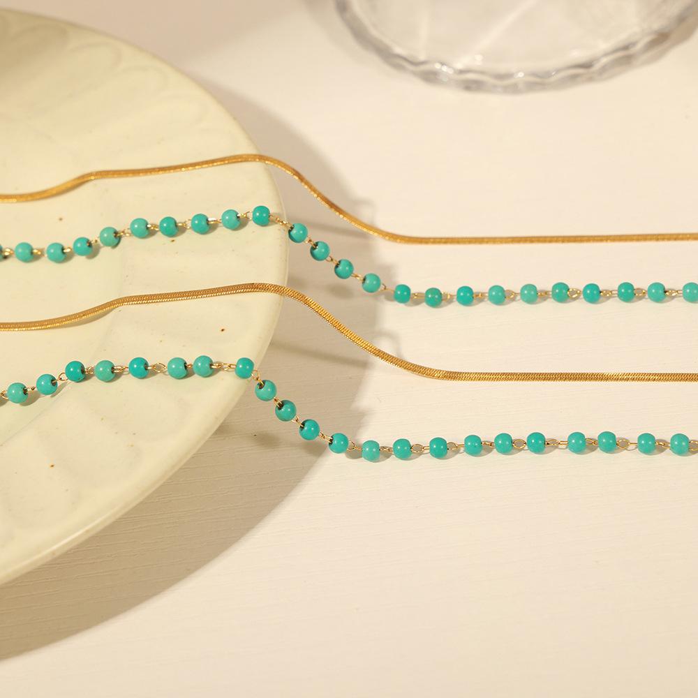 

Mori-Style Elegant Turquoise Beaded Double-Layer Titanium Steel Necklace