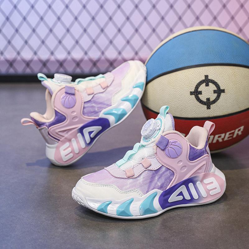 Children's Basketball Shoes Mesh Breathable Men's and Women's Sports Shoes Leather Waterproof Rotating Buckle Free Lace-up Girls Running Shoes