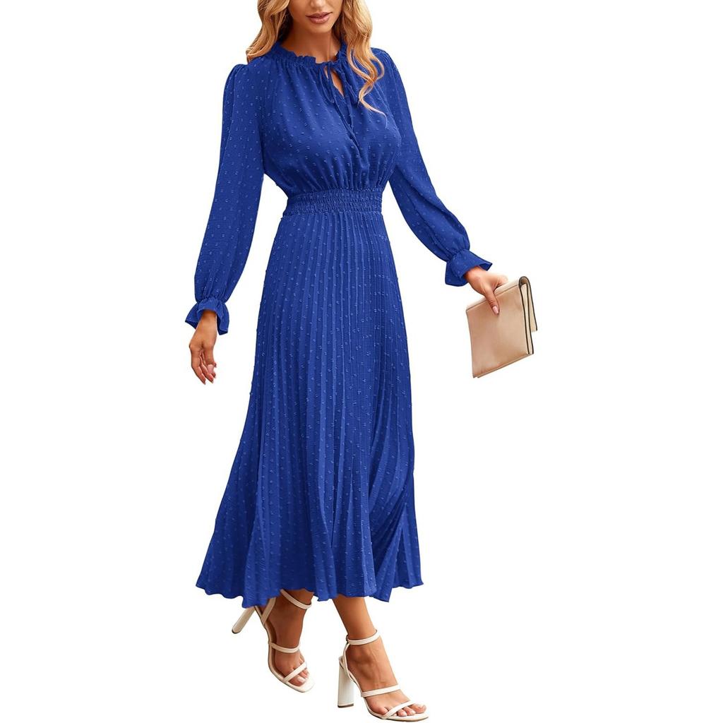 Women's Summer Fashion Loose V-Neck Long Sleeve Tie Solid Color Dresses