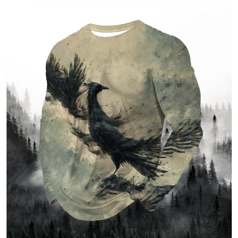 Herremote Trykket Rund Hals Langermet Fest Høst Sport Fritid Pullover Menn 3D Flygende Ørn Trykket Løs Sportstopp