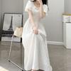 Women's French White Long Dress Temperament Slimming V-Neck Hepburn Style A-Line Skirt Summer