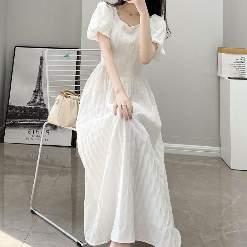 Women's French White Long Dress Temperament Slimming V-Neck Hepburn Style A-Line Skirt Summer