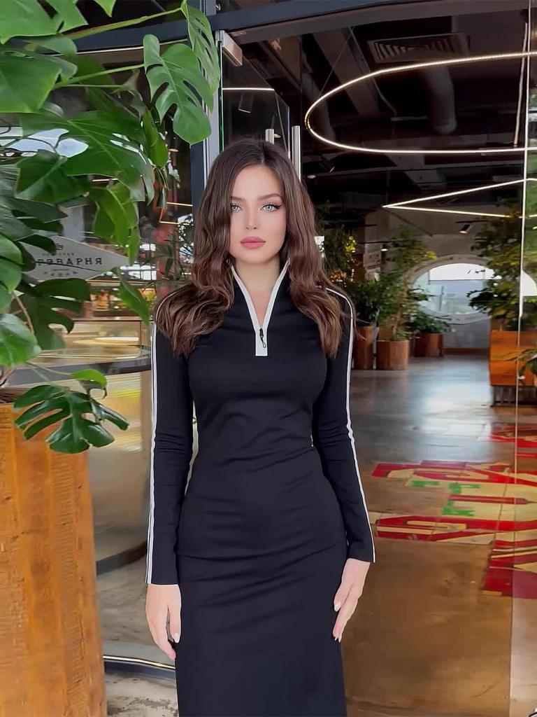 European & American Women's V-neck Long Sleeve Bodycon Dress - Comfortable, Casual, Slimming