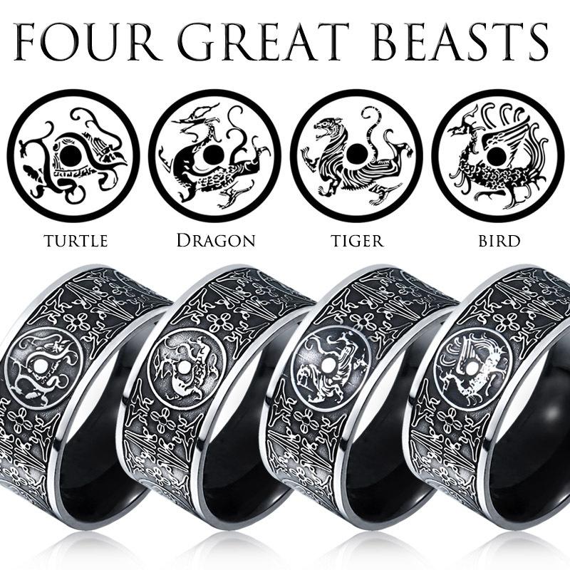 Black Plated Titanium Steel Narrow Men's Ring With Four Divine Beasts Design