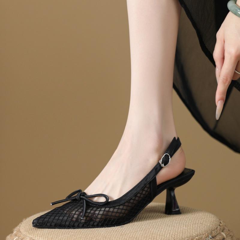 Fashion Fashion New Style Elegant Mesh Breathable Heeled Sandals Summer Pointed Toe Bowknot Mule Shoes Designer Luxury Women Sandals