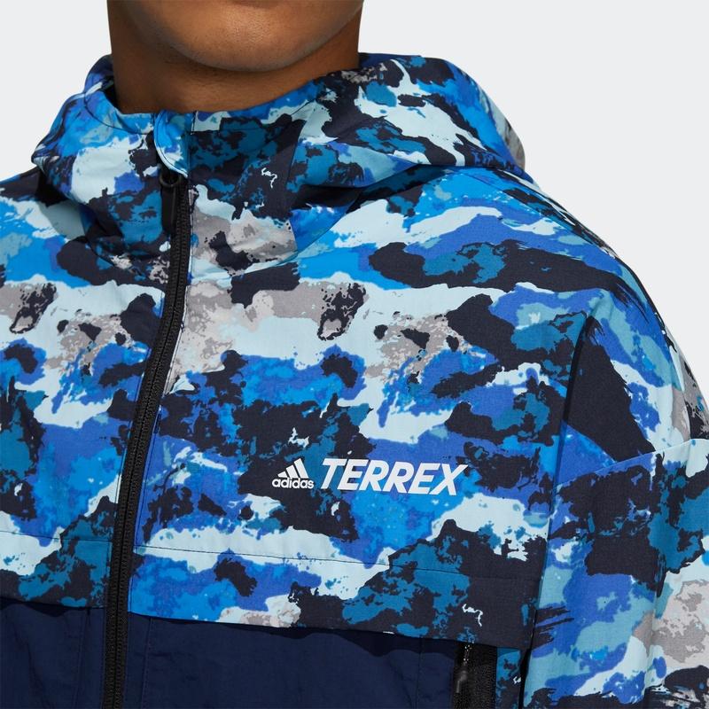 Adidas Terrex Festival AOP Windbreaker With Camouflage Splicing Men Jacket Blue GN7595