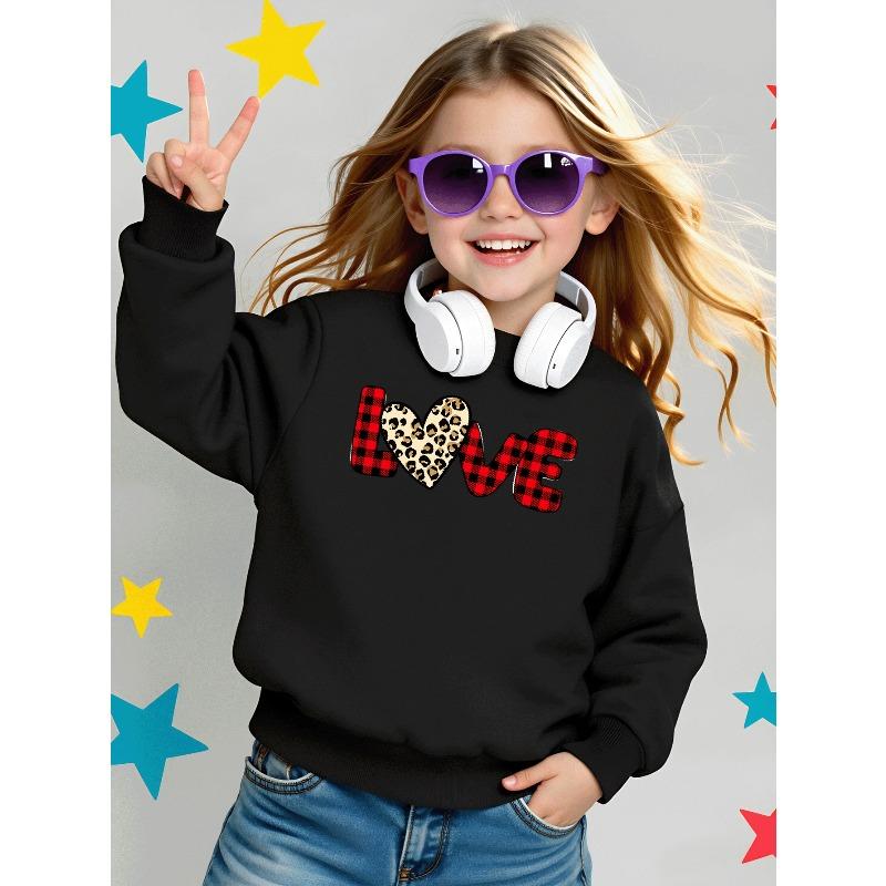 Girls Long-Sleeve Casual Crewneck Sweatshirt | Love Heart Leopard Plaid Pattern, Suitable For Outdoor Sports And 110 чёрный