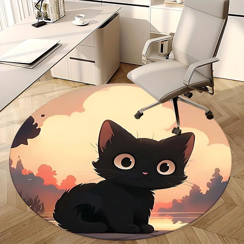 1pc Anime Design Round Carpet Cute Black Cat Sunset Print Chair Mat for Office, Home Decor, Living Room, Bedroom, Game Room Gift