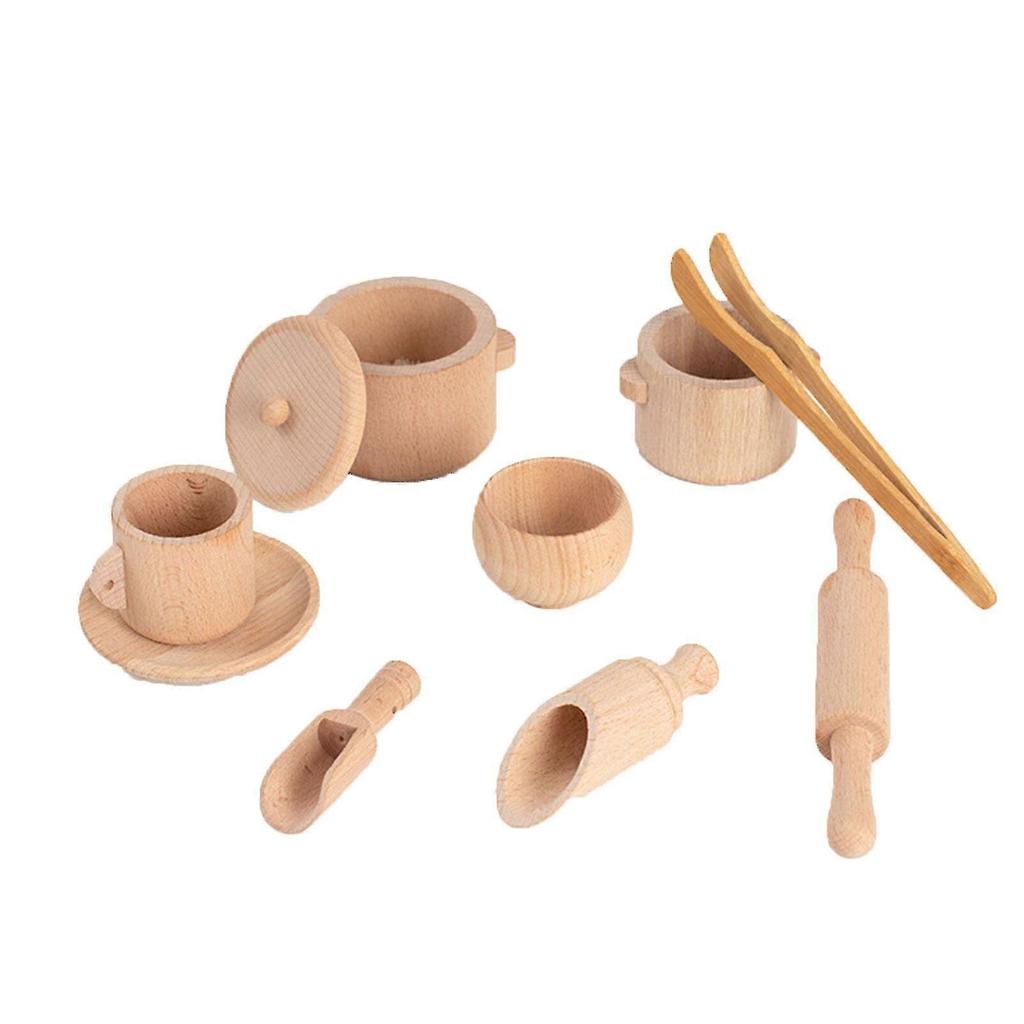 Holz-Teegeschirr Spielzeug Sensorik-Kasten Werkzeuge, Kinder Rollenspiel Küchenzubehör für Vorschulkinder Kleinkinder 11 Stück