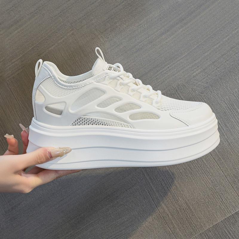Spring and summer thick-soled inner height increase casual shoes for women small = thin women's shoes mesh breathable white