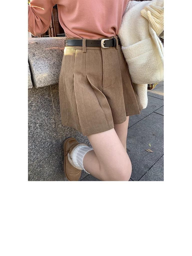 High-Waisted Khaki Corduroy A-Line Skorts for Women - 2026 Autumn/Winter Hip-Covering Pleated Wide-Leg Style.