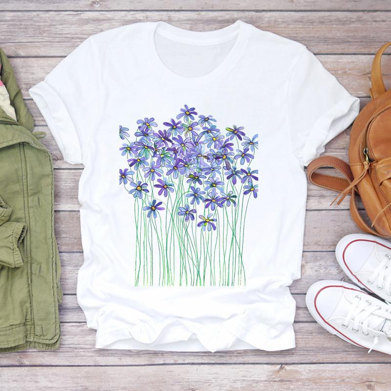 Summer Round Neck Floral Print Top Fashionable Casual Short Sleeved Women's Pure Cotton T-shirts