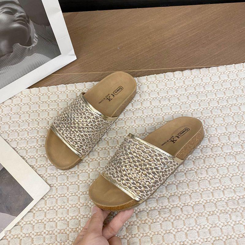 Women's Sandal Slippers Summer a Word with Rhinestone Hollowing Flat Bottom Drag Outside Wear Beach Shoes