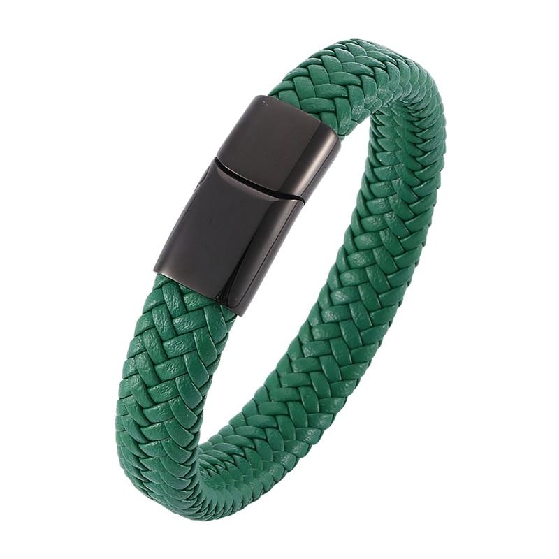 Men Bracelet Green Leather Bracelets Charm Black Stainless Steel Clasp Bangles Male Jewelry Gift