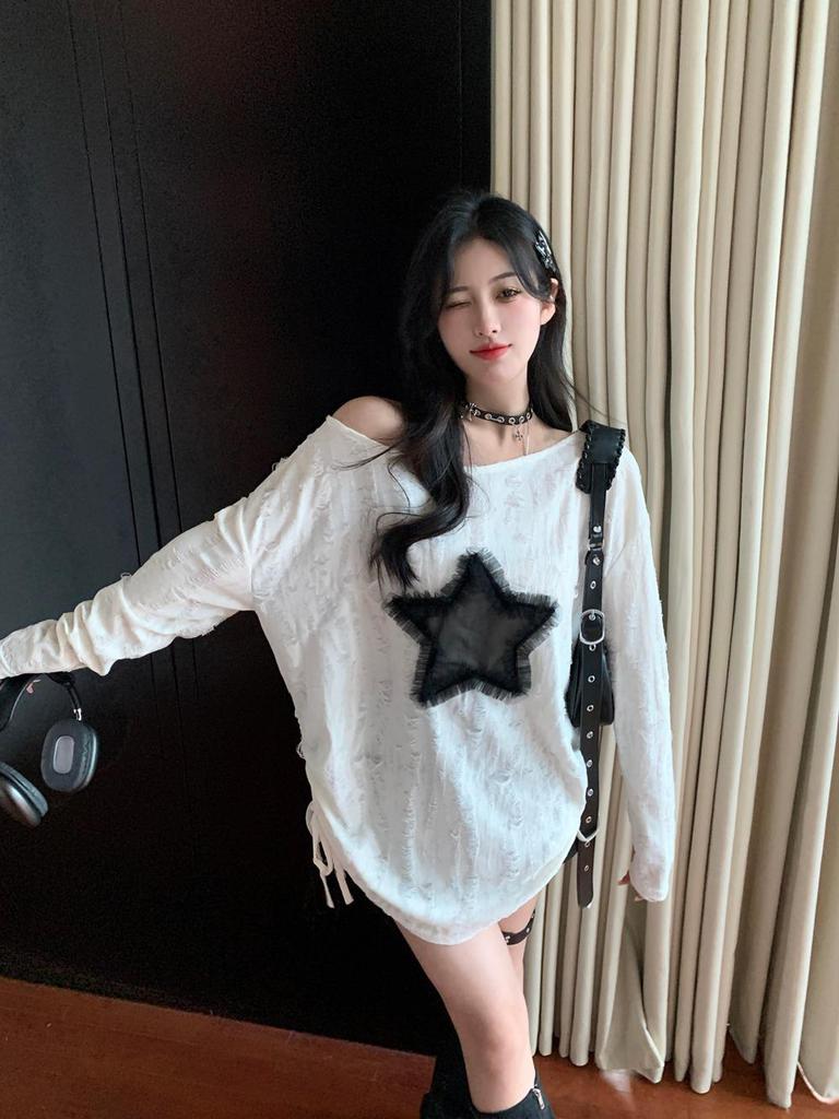 Women's Star Design Off-Shoulder Long-Sleeve T-Shirt - Spicy Girl Autumn Edition, Loose Fit with Drawstring Hem