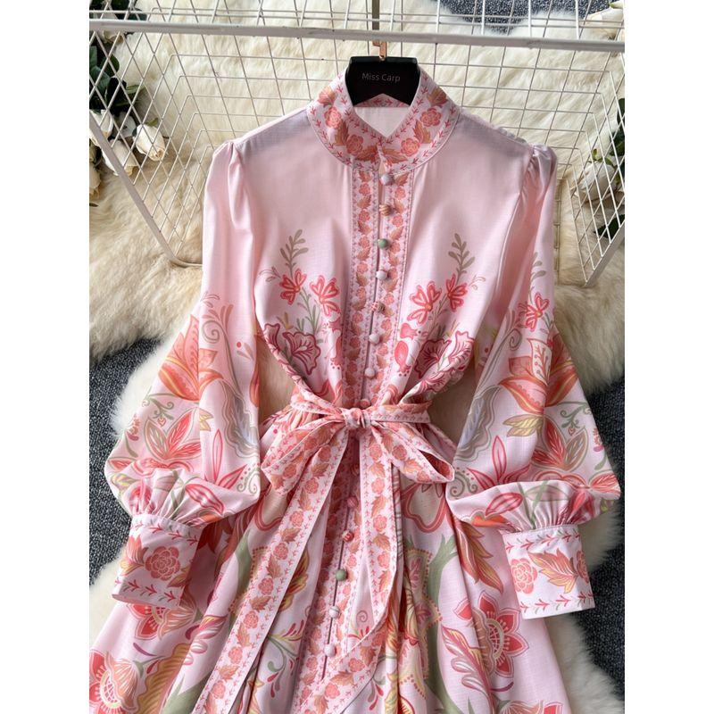 Fashion Fashionable Retro Stand Collar Lantern Long Sleeves Single Breasted Print Dress Female Waist Trimming Lace up Long Formal Dress