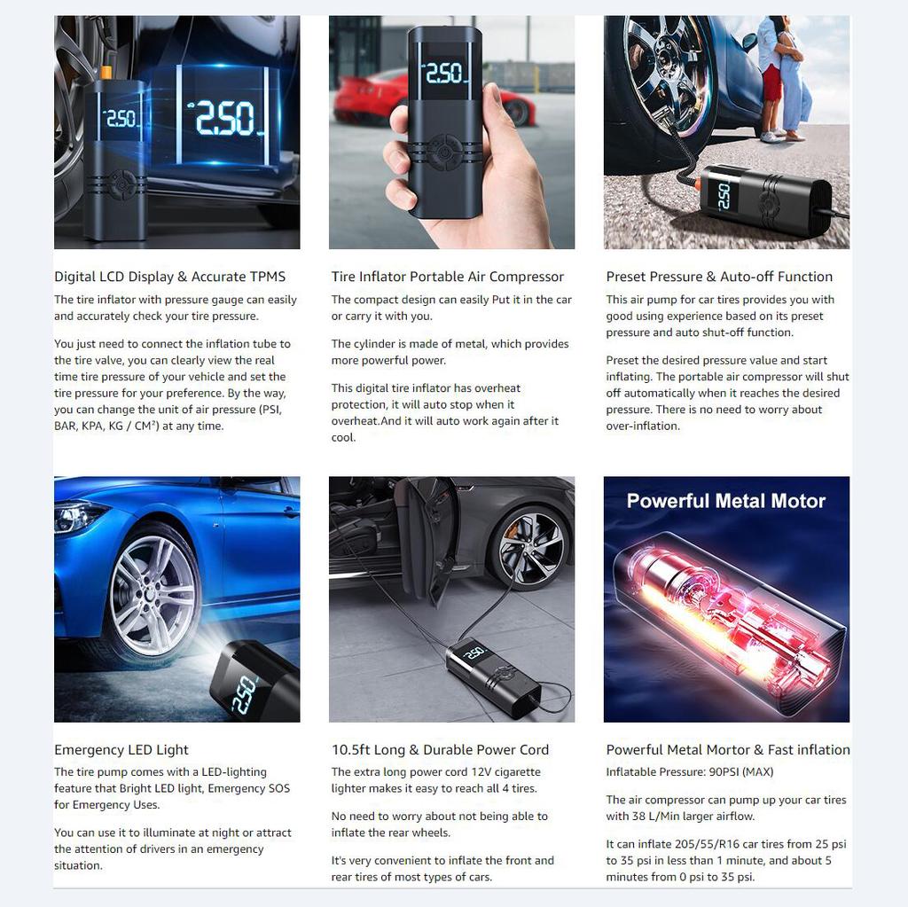 Portable Air Compressor Tire Inflator: 12V DC Auto Tire Pump Car Inflator with Digital Pressure Gauge, Fast Inflation, for Car Tires, Motorcycles