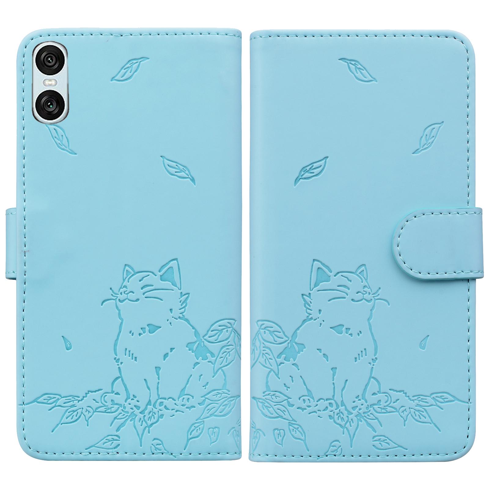 

For Sony Xperia 10 VI Case Wallet Cat Pattern Imprinted Leather Phone Cover Sky Blue