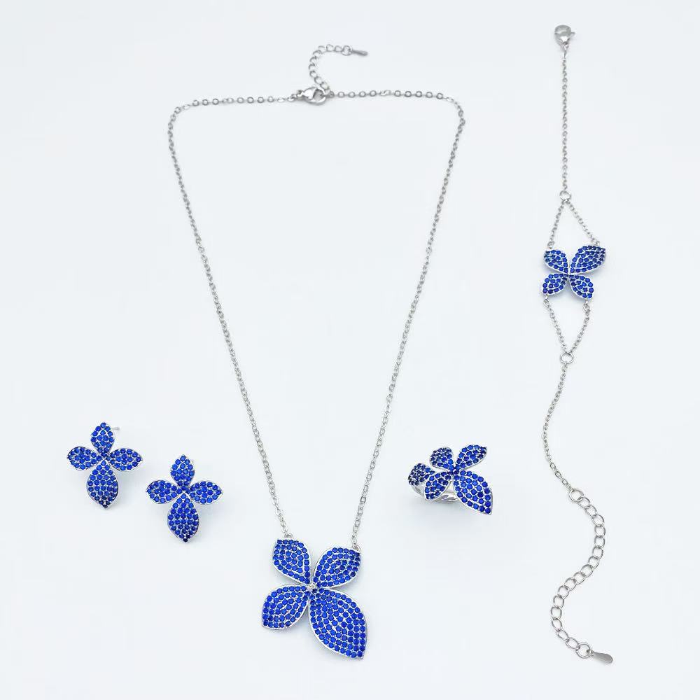 Flora Four Leaf Clover Cubic Zirconia Jewelry Set Plated Copper Bracelet Ring Necklace Earrings Valentine's Day Gift for Her