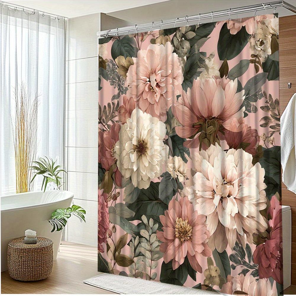 1Pc Elegant Floral Shower Curtain For Bathroom Decor - Blooming Flowers Design, Polyester Fabric, Machine Washable, 180X200Cm