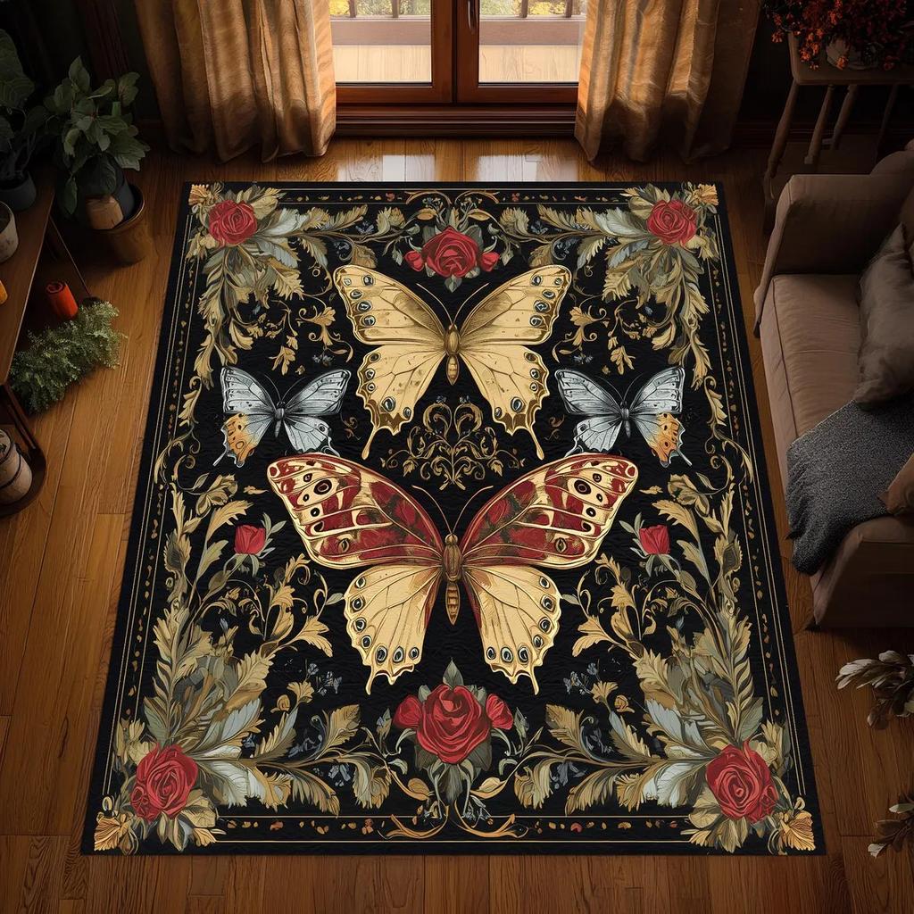 Lion Baroque Rug, Gothic Black Gold Area Carpet, Regal Animal Floor Decor, Washable Non Slip Bold Statement Rug