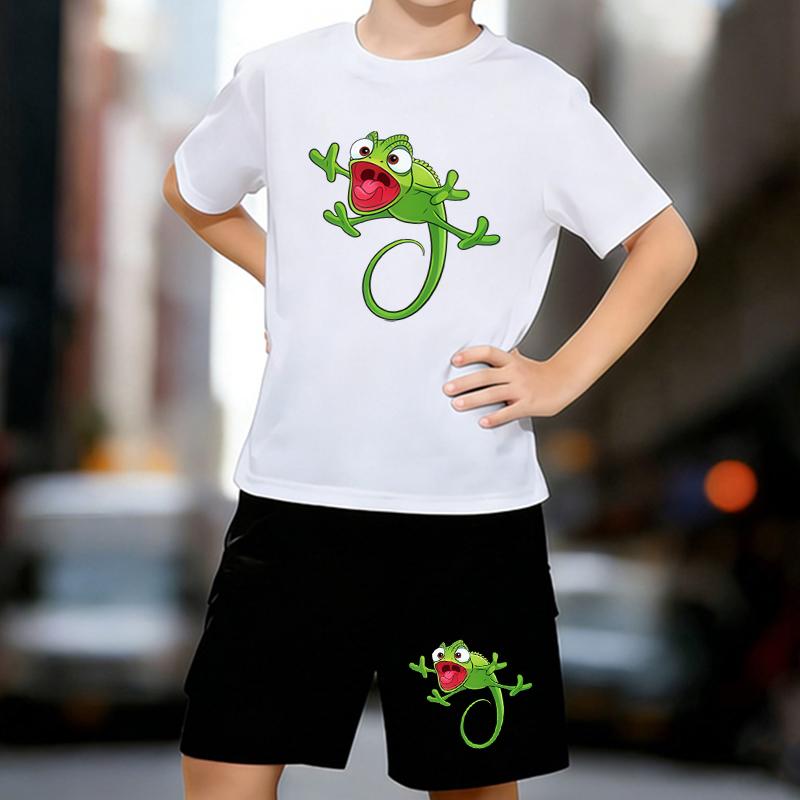 

Boys 2 Piece Cute Cartoon Printed Outfit, Short Sleeve T-Shirt and Shorts Set for Kids Age 5-14,Black and White Sporty Casual Summer Clothes 13-14 Years білий