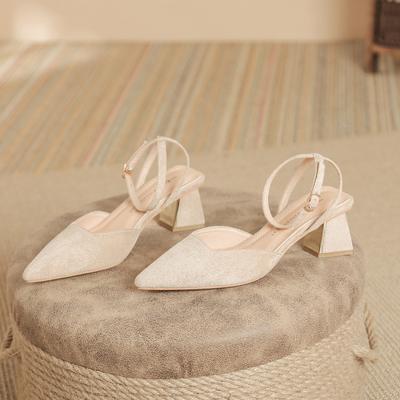 Slingback Chunky Block Heels Shoes for Women Closed Pointed Toe Low Heel Dress Pumps Ankle Strap Mary Janes Pumps for Women Summer Slip On Sandals