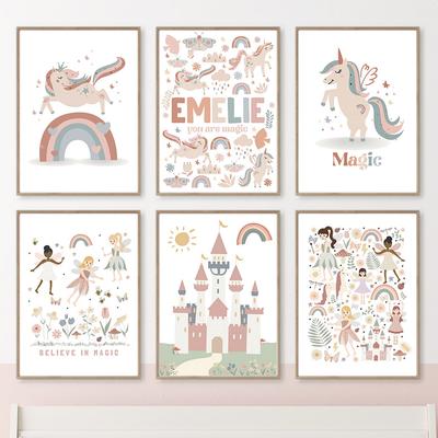 Cute Girl Unicorn Castle Sun Rainbow Flowers Wall Art Canvas Painting Nursery Posters And Prints Pictures Baby Kids Room Decor